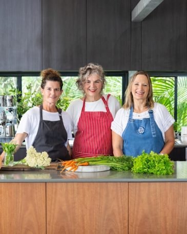 Wholefood chefs Samantha Gowing and Sarah Swan with Pam Brooks